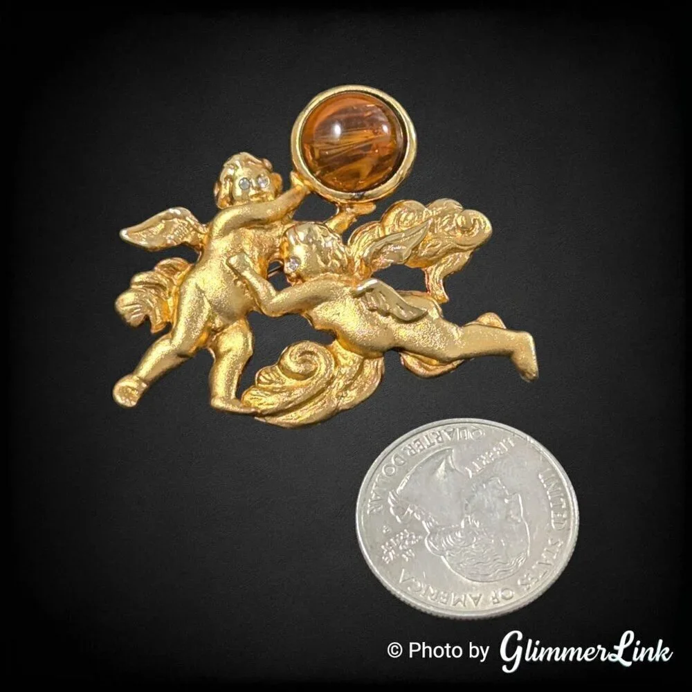 Vintage LS Cherubs Orange Brown Orb Cabochon Gold Tone Brooch Pin